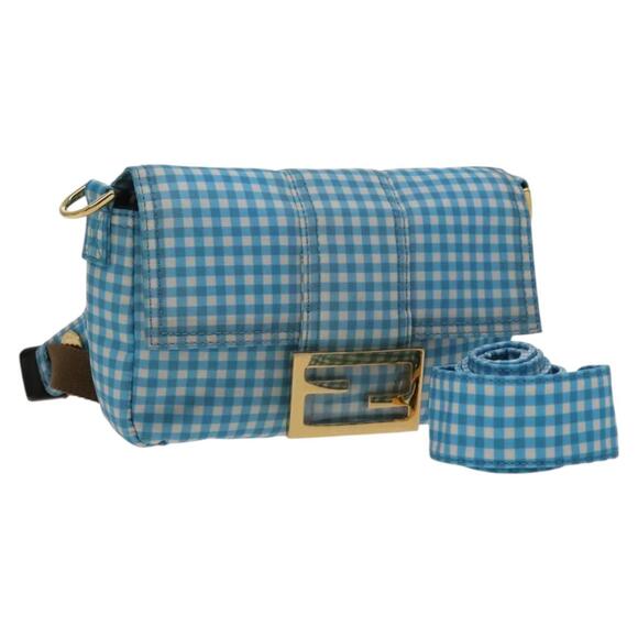 FENDI Mamma Baguette Shoulder Bag Nylon Light Blue Gold - Picture 1 of 12